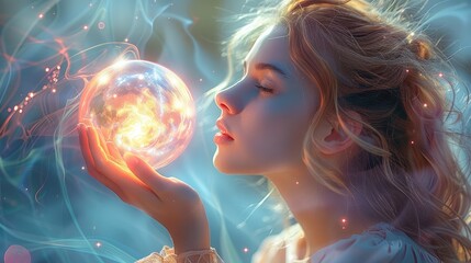 Canvas Print - A beautiful woman with her hand up holding a glowing orb, in a dream like world as a background. Generative AI.