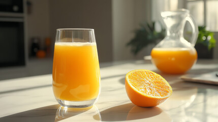 A refreshing glass of orange juice sits on a white marble table, next to a pitcher and a juicy orange. There's plenty of room for you to add your message.