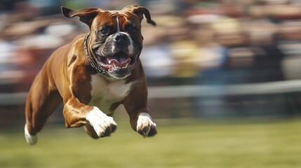 Canvas Print - A dog joyfully leaps through the air at a lively outdoor event.