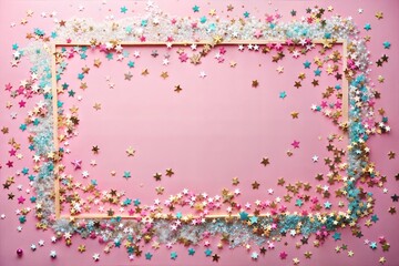 Wall Mural - Colorful star-shaped confetti around rectangular frame on pink background