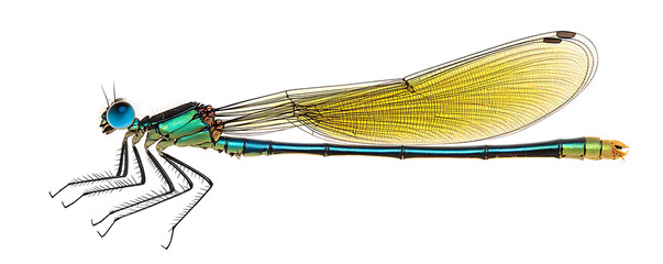 Wall Mural - A highly detailed image of a blue-banded demoiselle insect, highlighting its translucent wings and iridescent body.