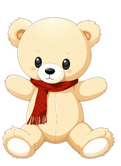 Brown teddy bear with red scarf  on transparent background