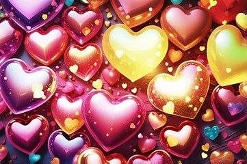 Pop background featuring an array of glossy, colorful 3D hearts. Made with generative AI technology