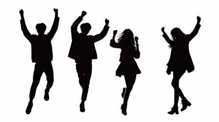 Silhouettes of four modern men and women, celebrating, full body, with a white background