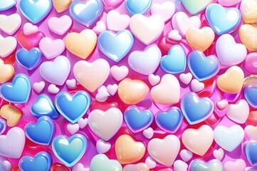 Pop background featuring an array of glossy, colorful 3D hearts. Made with generative AI technology