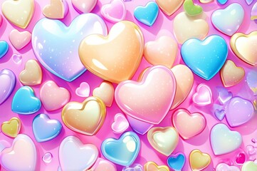 Pop background featuring an array of glossy, colorful 3D hearts. Made with generative AI technology
