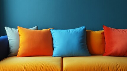 Wall Mural - A couch with a blue pillow and orange pillow on it