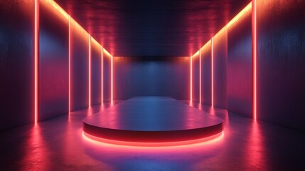 A neon lit room with a red and blue stage