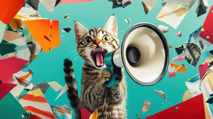 art collage. a crazy cat with a megaphone. promotion, action, ad, job questions, discussion. vacancy