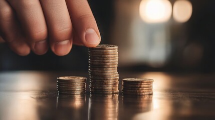 Wall Mural - Close-up of a hand stacking coins on a table, representing the process of wealth accumulation and investment growth