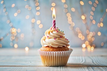 Wall Mural - Beautiful cupcake with swirl frosting and lit candle for birthday celebration