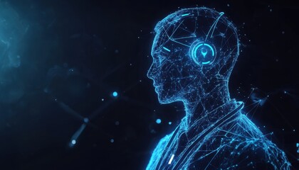 Poster - Futuristic AI doctor in blue digital art illustration, symbolizing advanced technology and innovation in healthcare. Depicts a conceptual blend of artificial intelligence and medical expertise.