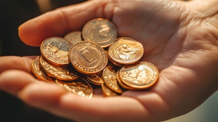 Wall Mural - Close-up of a hand holding a pile of gold coins, representing the accumulation of wealth and financial success