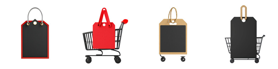 Collection of shopping bags and carts in various colors, perfect for retail and e-commerce visuals.