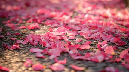 Canvas Print - Pink flower petals scattered on the ground.