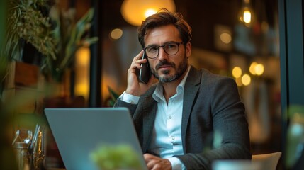 Canvas Print - Businessman on Phone in Modern Cafe