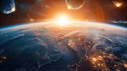 Poster - Earth with sunrise in space background. Generative AI.