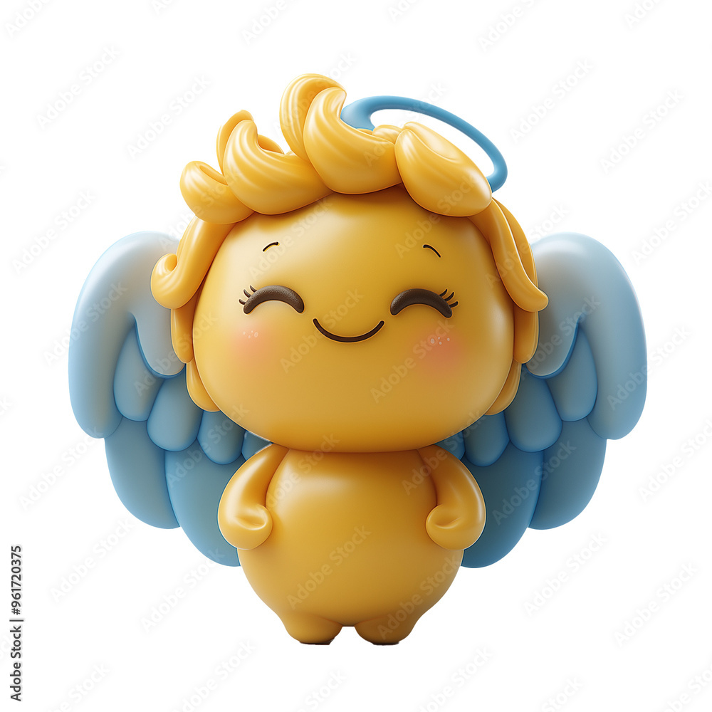 Cute 3D illustration of a small yellow angel character with blue wings ...