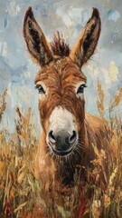 Wall Mural - Oil painting style, a donkey portrayed with rich textures and detailed brushwork, set against a lush countryside backdrop with warm, earthy tones.