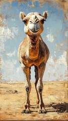 Wall Mural - Oil painting style, a camel portrayed with rich textures and detailed brushwork, set against a sunlit desert backdrop with warm, sandy tones.