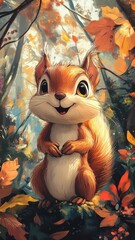 Cartoon art style, a squirrel with exaggerated features and playful expressions, in a whimsical forest scene with bright and vivid colors.