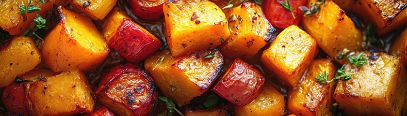 Roasted vegetables including sweet potatoes and parsnips seasoned with herbs and spices, served as a delicious and colorful side dish.