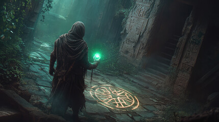 An undead sorcerer with decayed skin, holding a glowing orb, standing in a ruined temple, ancient symbols glowing on the stone floor.