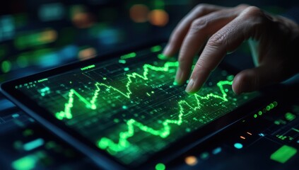 Canvas Print - A Close-up of a Hand Interacting with a Tablet Screen Displaying Financial Data and Stock Market Charts