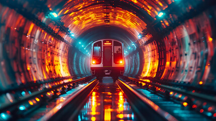 Train Emerging from Tunnel with Red and Blue Lights Illustration