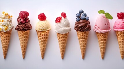 Wall Mural - Variety of colorful ice cream cones with diverse toppings