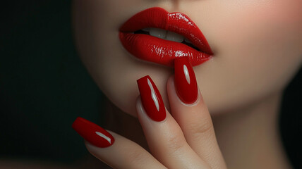 A beautiful woman's red lips and fingers with long nails