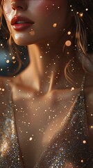 Poster - close-up of a woman with sparkling lights, elegant evening attire, shimmering background creating a 