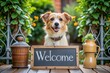 © Introvertia - Welcome sign with happy dog surrounded by greenery and flowering plants