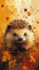 Wall Mural - Oil painting style, a hedgehog rendered with rich, textured brushstrokes and warm, earthy tones, set against a natural and lush background.