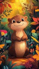 Cartoon art style, an otter with exaggerated features and a cheerful expression, in a whimsical setting with bright colors and playful elements.