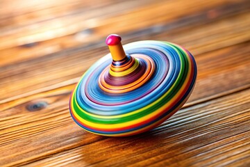 Colorful, intricately designed spinning top twirls rapidly on a wooden surface, its blurred edges capturing the dynamic motion and kinetic energy of childhood playfulness.