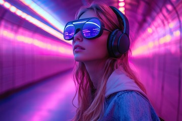 Poster - Woman with futuristic Sunglasses and Headphones in Neon Tunnel