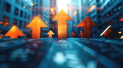 Poster - A stylized graphic of an upward-pointing arrows symbolizing business development, growth, and dynamic success in a corporate or financial context. Generative AI.