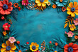 © Vovmar - Mexico national holiday concept. Top view of flowers on blue background with space for text. Generated by artificial intelligence