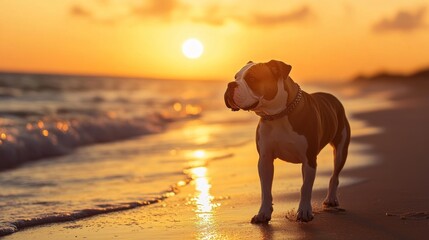 Wall Mural - A dog stands on a beach at sunset, with waves gently lapping at the shore.