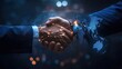 © Business Pics - business man handshake with effect global world map network link connection and graph chart of stock market graphic diagram, digital technology, internet communication, teamwork, partnership concept