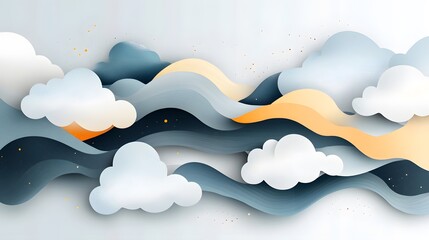 Wall Mural - abstract paper cut clouds and waves background
