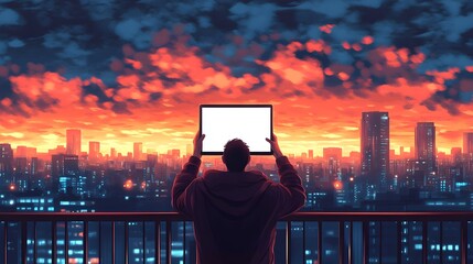 Canvas Print - Man Holding Tablet With City Skyline Sunset Background