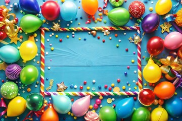 Wall Mural - Colorful balloons and candies frame with wooden background celebration and party theme