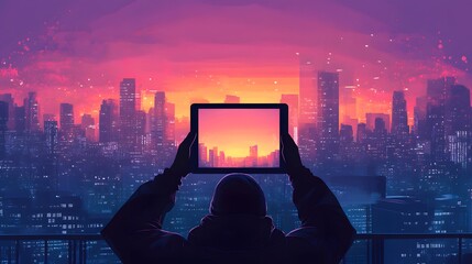 Canvas Print - Silhouette of Person Holding Tablet Against City Skyline with Sunset Glow