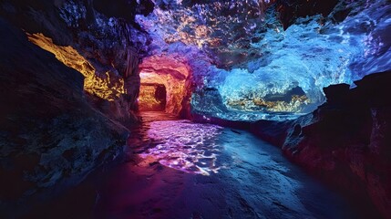 Poster - Holographic virtual tour showcasing the detailed geological features and natural formations within an intricate underground cave system including stalactites stalagmites and mineral deposits