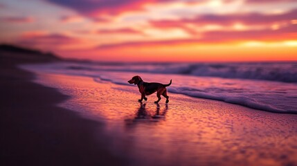 Wall Mural - A dog walks along a beach at sunset, reflecting vibrant colors on the wet sand.