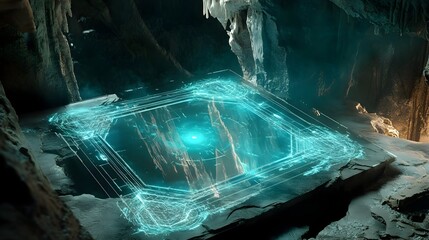 Poster - Immersive 3D holographic projection displaying an interactive digital model of a complex cave system designed for and visualization of the underground environment