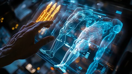 Poster - Holographic display showcasing the intricate details and functionality of advanced muscle stimulation devices used in cutting edge medical research healthcare and rehabilitation applications