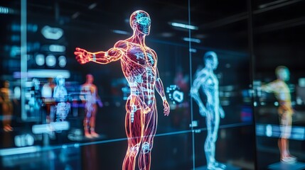 Poster - Holographic display showcasing the detailed workings of advanced muscle stimulation devices highlighting the innovative medical technology powering these cutting edge healthcare solutions